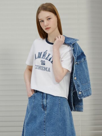 코튼 배색 레터링 티셔츠 