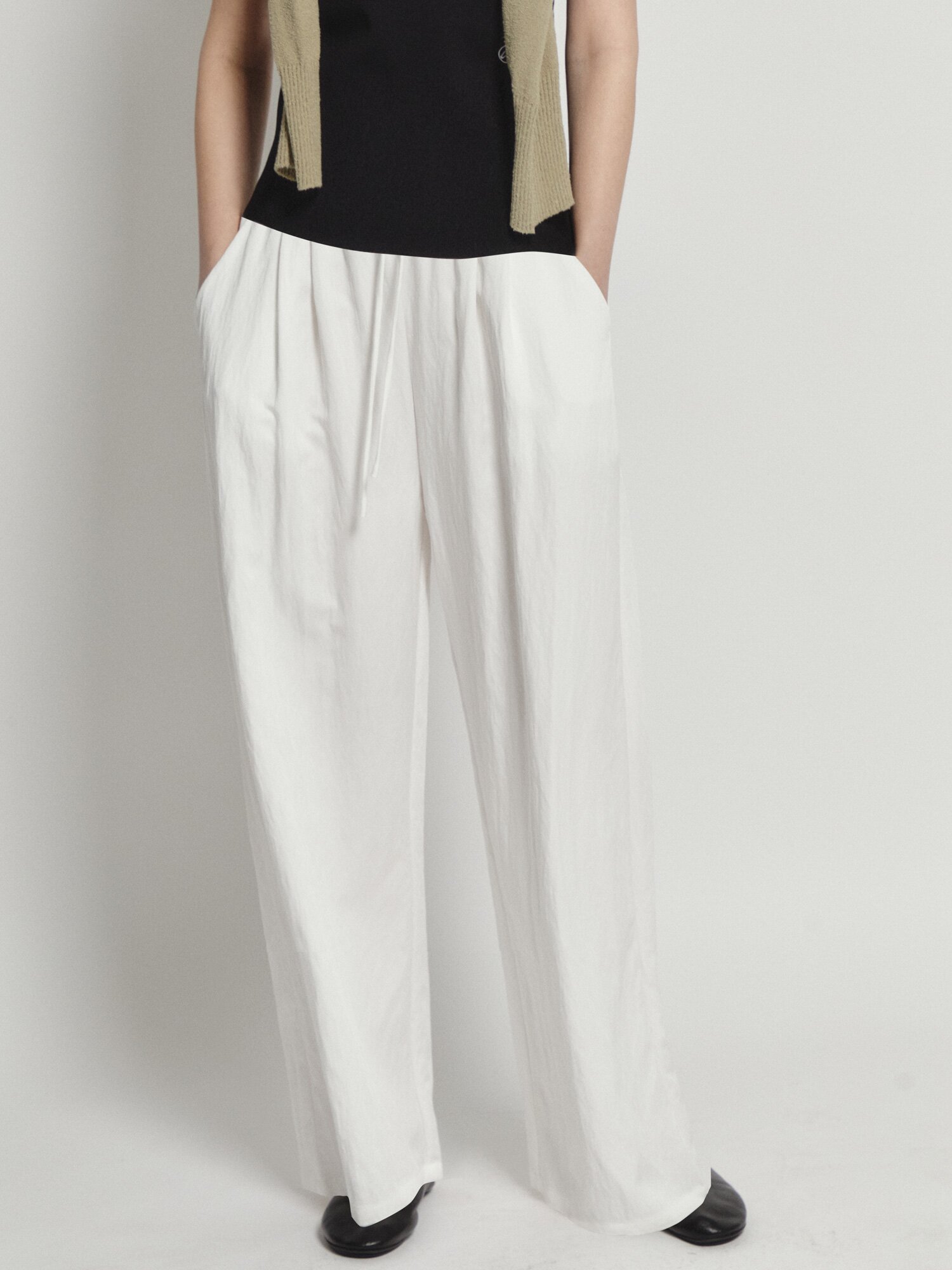 스트링 밴딩 와이드 팬츠 (WHITE)