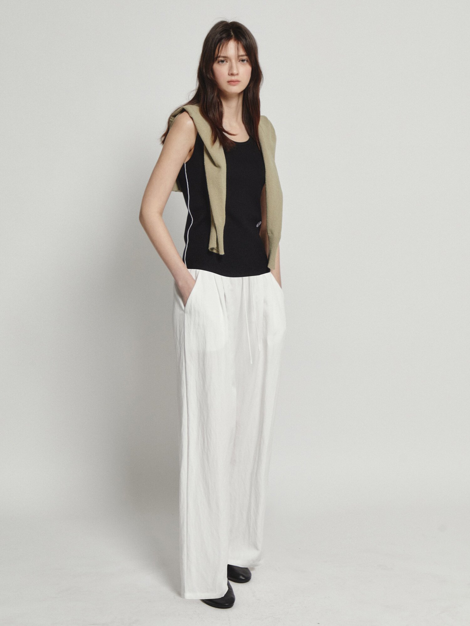 스트링 밴딩 와이드 팬츠 (WHITE)