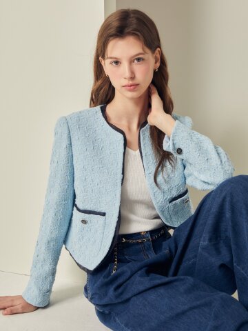 트위드 시스루 배색 오픈 재킷 