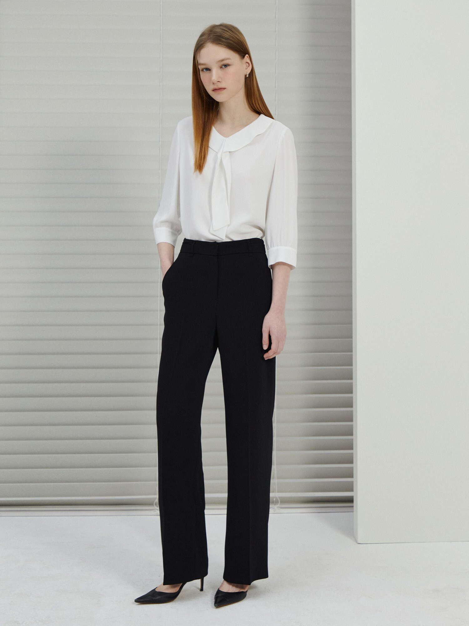 히든 버튼 세미 와이드 팬츠 (BLACK)