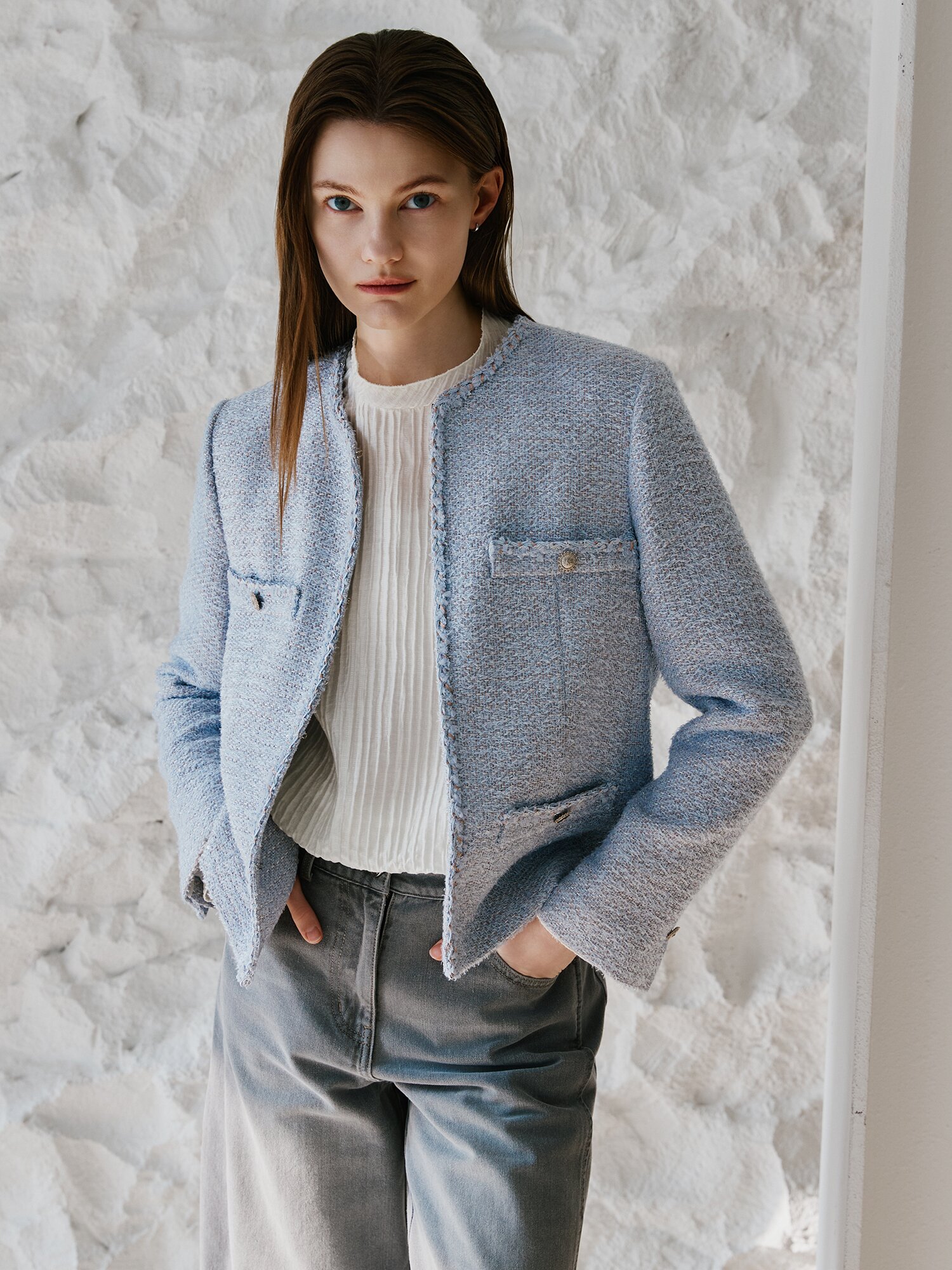 글리터 트위드 포켓 장식 재킷 (LAVENDAR)