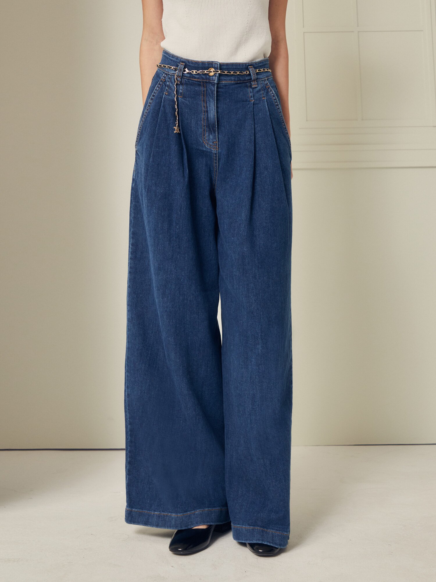 하이 웨이스트 퀼로트 데님 팬츠 (BLUE)