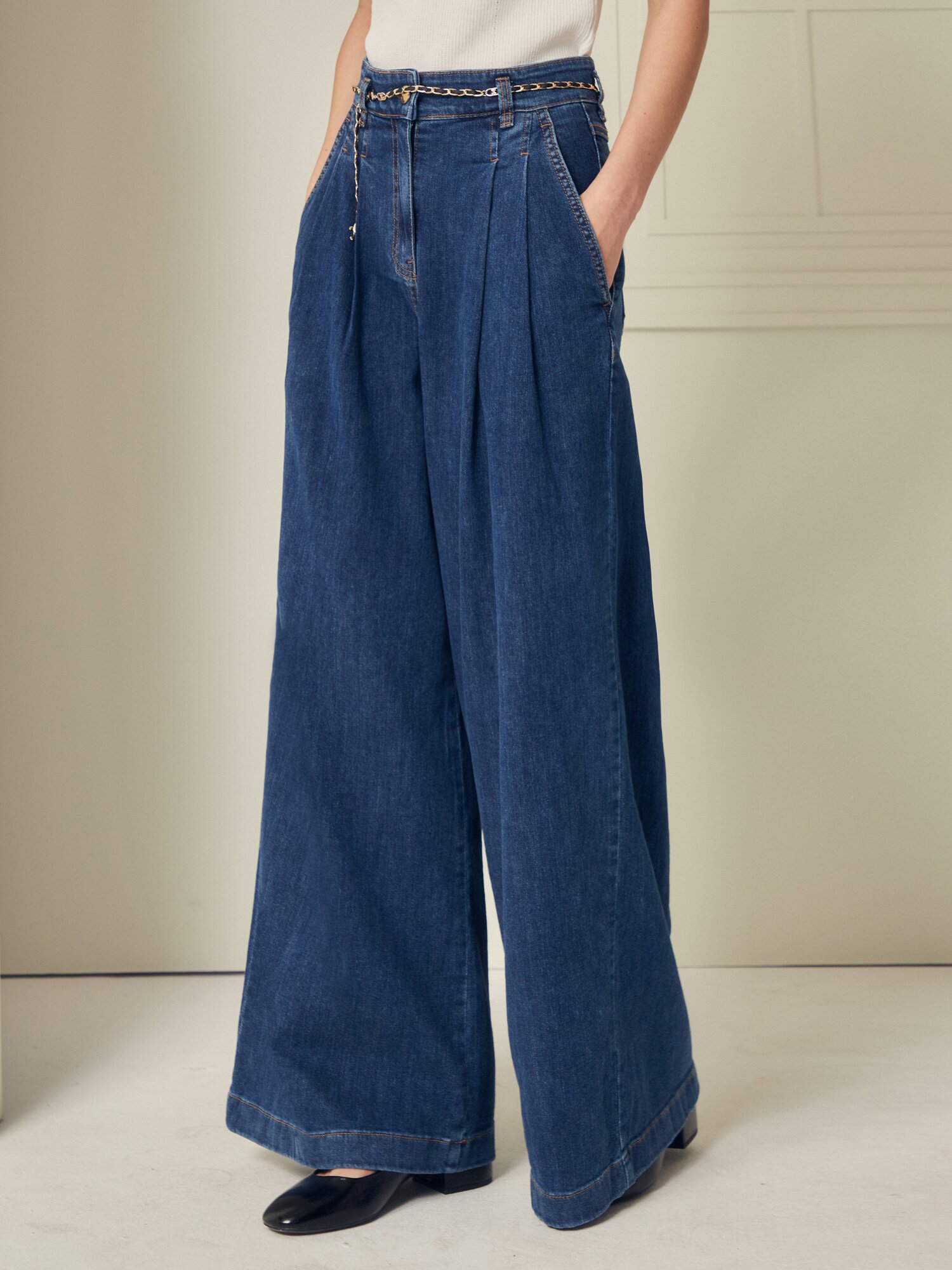 하이 웨이스트 퀼로트 데님 팬츠 (BLUE)