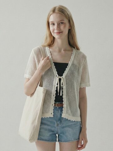 린넨 블렌드 에어리 타이 가디건 아이보리 라이트그레이 블랙