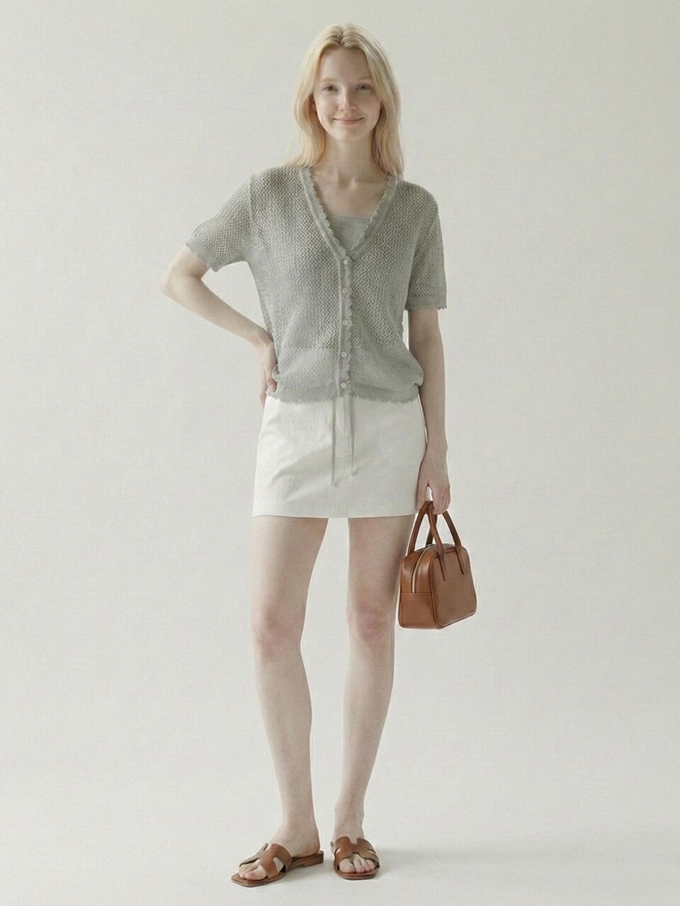 린넨 블렌드 에어리 타이 가디건 아이보리 라이트그레이 블랙