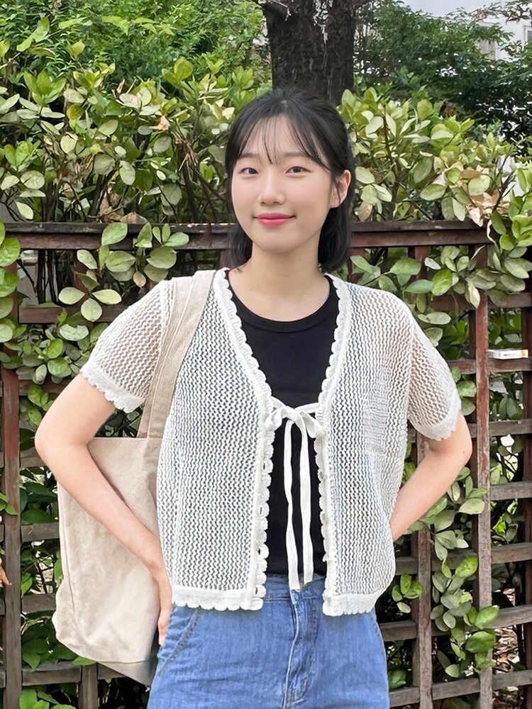 린넨 블렌드 에어리 타이 가디건 아이보리 라이트그레이 블랙