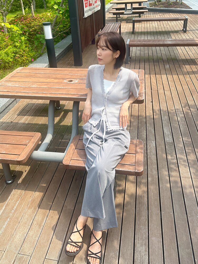 린넨 블렌드 에어리 타이 가디건 아이보리 라이트그레이 블랙