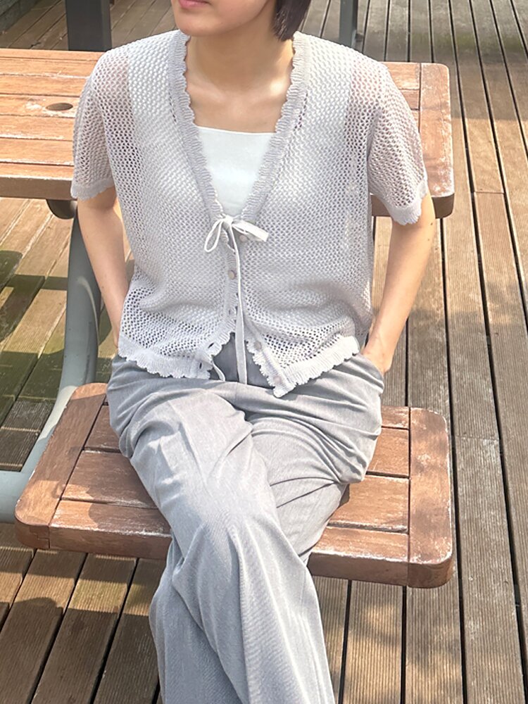 린넨 블렌드 에어리 타이 가디건 아이보리 라이트그레이 블랙