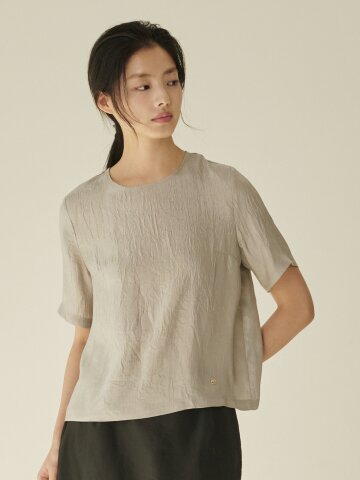 라운드넥 시어 블라우스 - 그레이/ Round‑Neck Sheer Blouse - Gray
