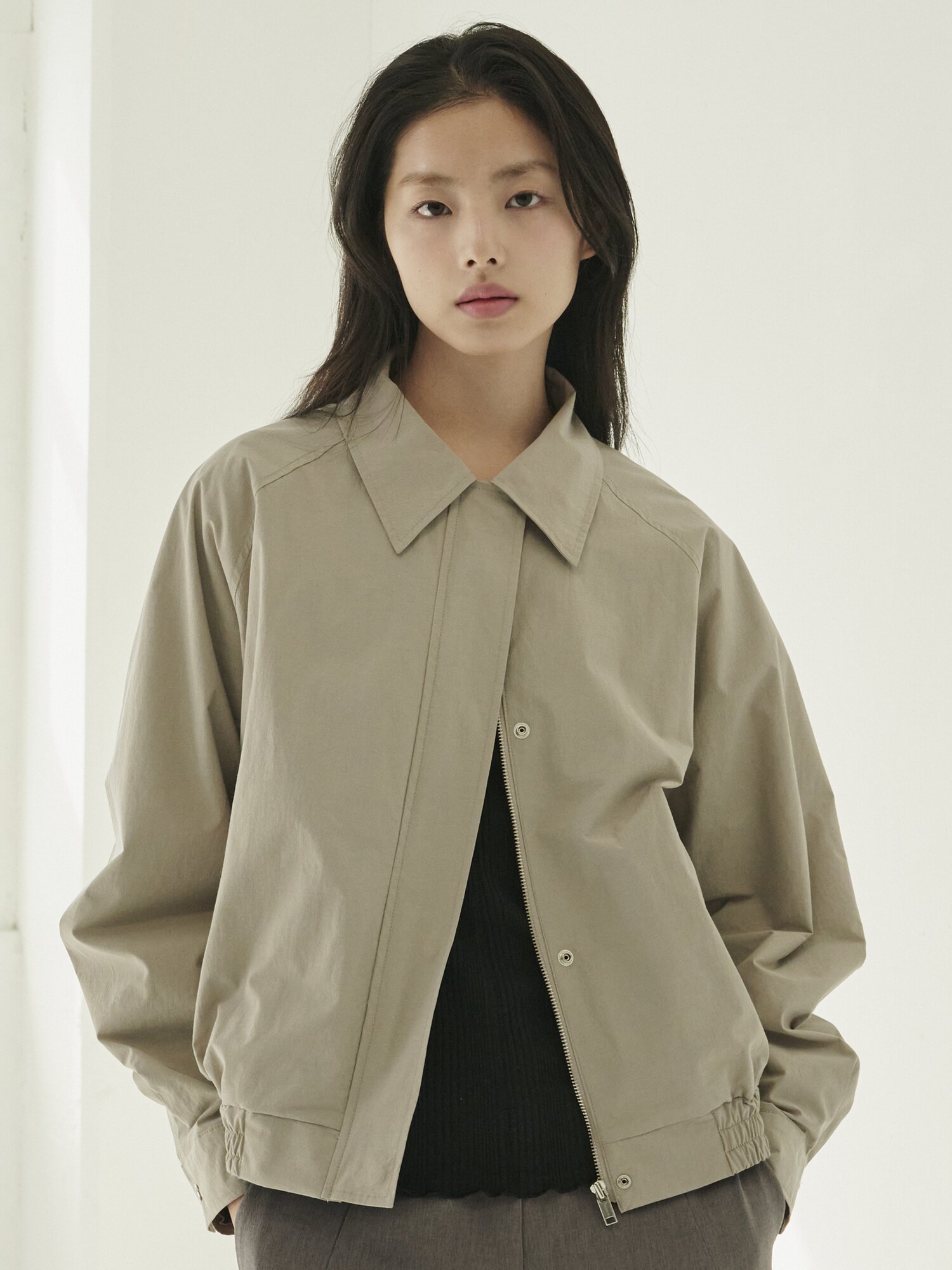 코튼 블랜드 봄버 자켓 - 그레이/ Cotton Blend Bomber Jacket - Gray