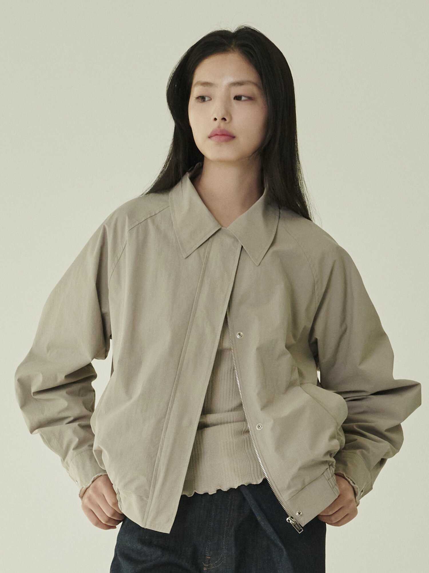 코튼 블랜드 봄버 자켓 - 그레이/ Cotton Blend Bomber Jacket - Gray