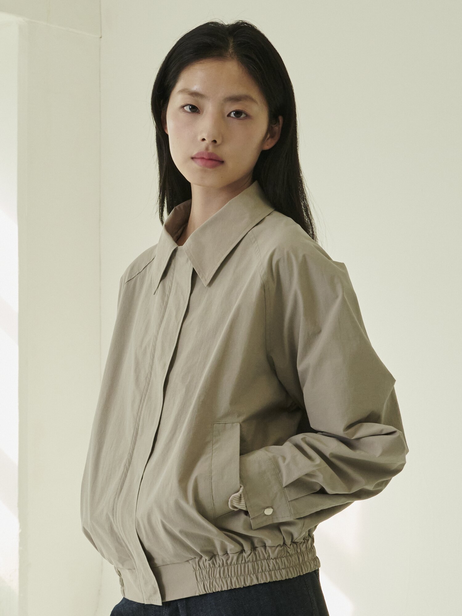 코튼 블랜드 봄버 자켓 - 그레이/ Cotton Blend Bomber Jacket - Gray