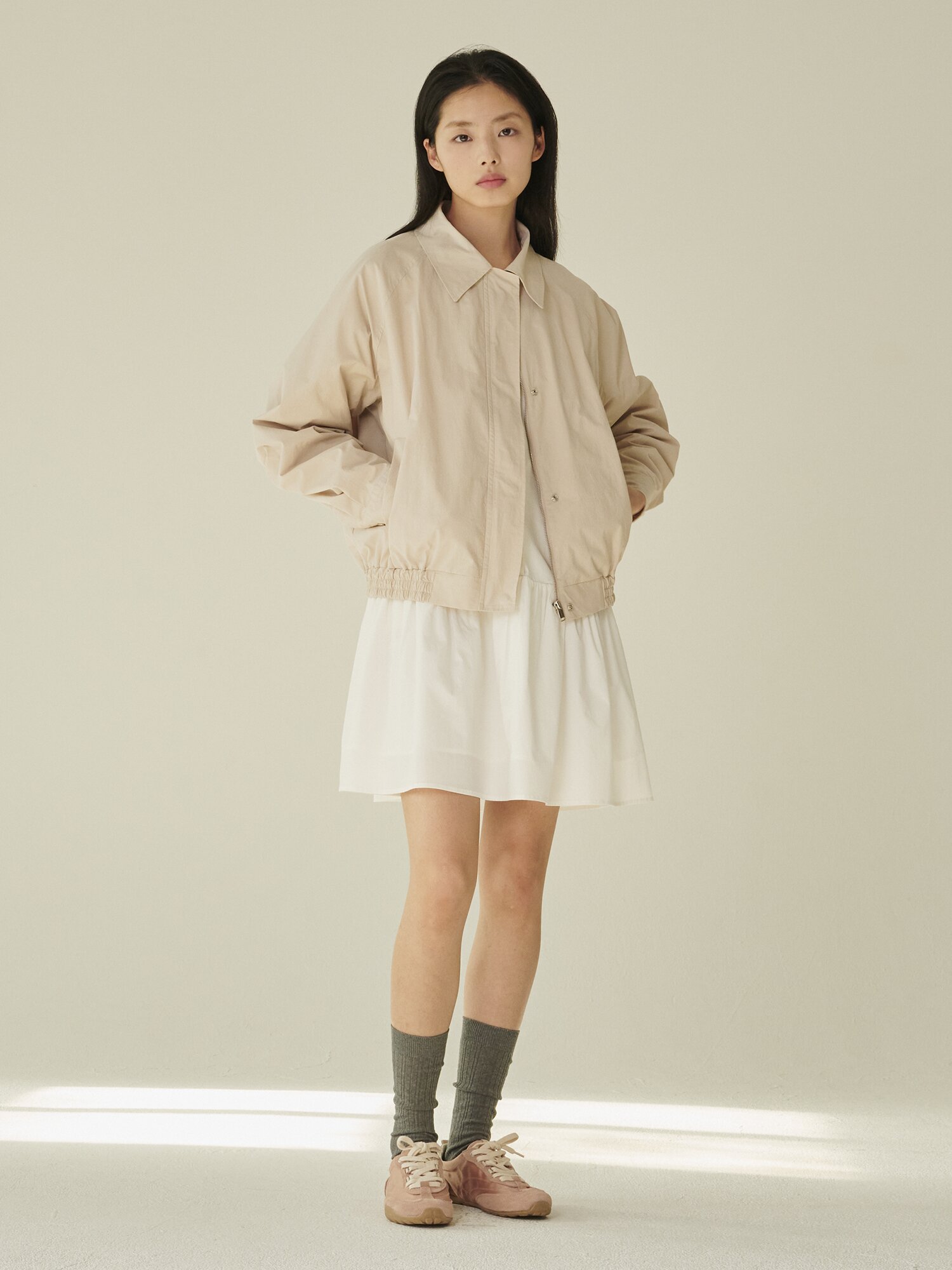 코튼 블랜드 봄버 자켓 - 라이트 베이지/ Cotton Blend Bomber Jacket - L.Beige