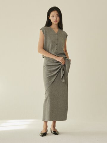 [세트] 린넨 슬리브리스 가디건 + 스커트 + 숄 -  멜란지 그레이/ [Set] Linen Sleeveless Cardigan + Skirt + Shawl - M.Gray
