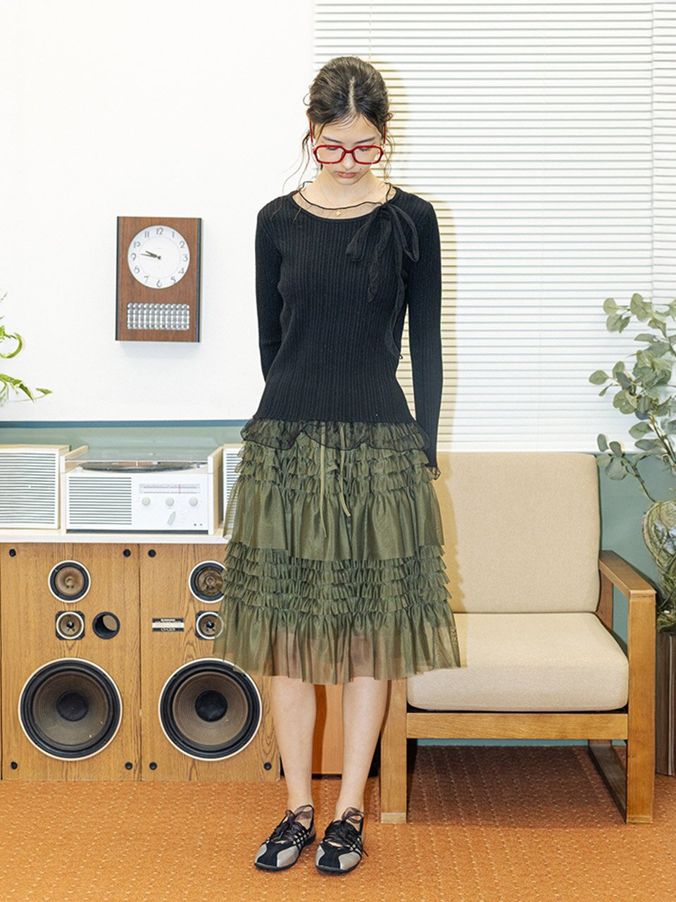 DD_Flowy mesh layered skirt_KHAKI