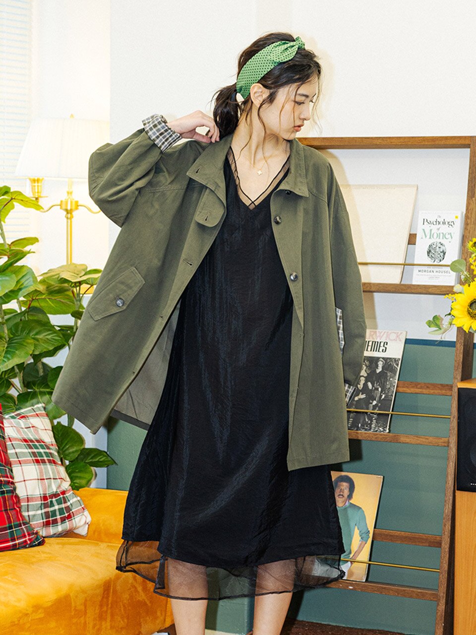 DD_V neck sheer hem layered dress_BLACK