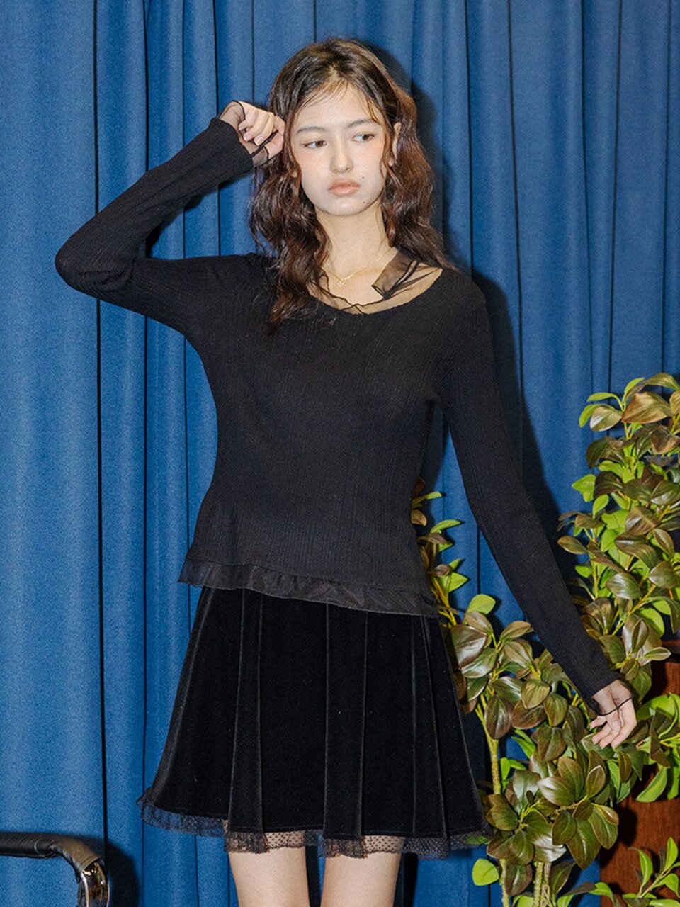 DD_Mesh collar knit top_BLACK