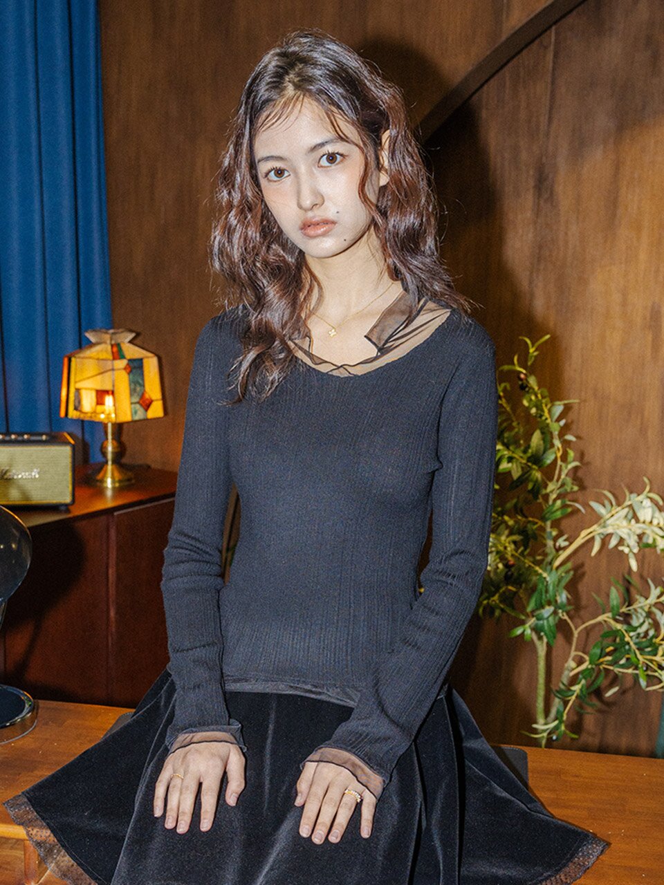 DD_Mesh collar knit top_BLACK