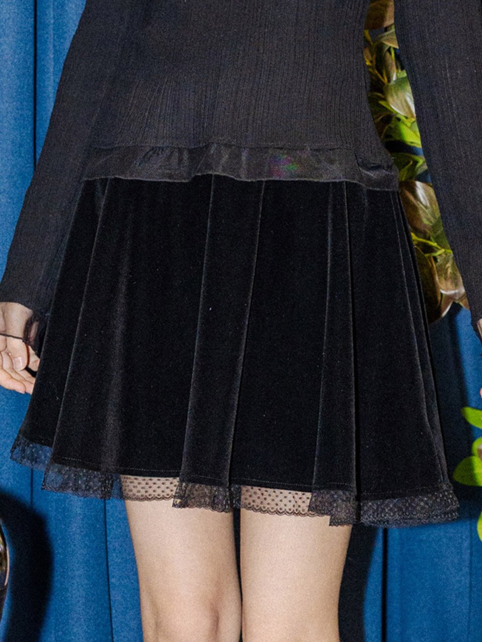 DD_Mesh trim velvet skirt_BLACK