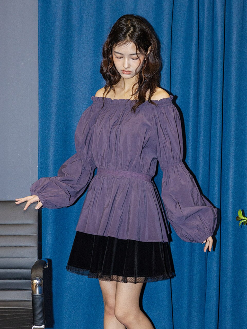 DD_Mesh trim velvet skirt_BLACK