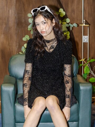 DD_Layered lace top and tweed dress set_BLACK