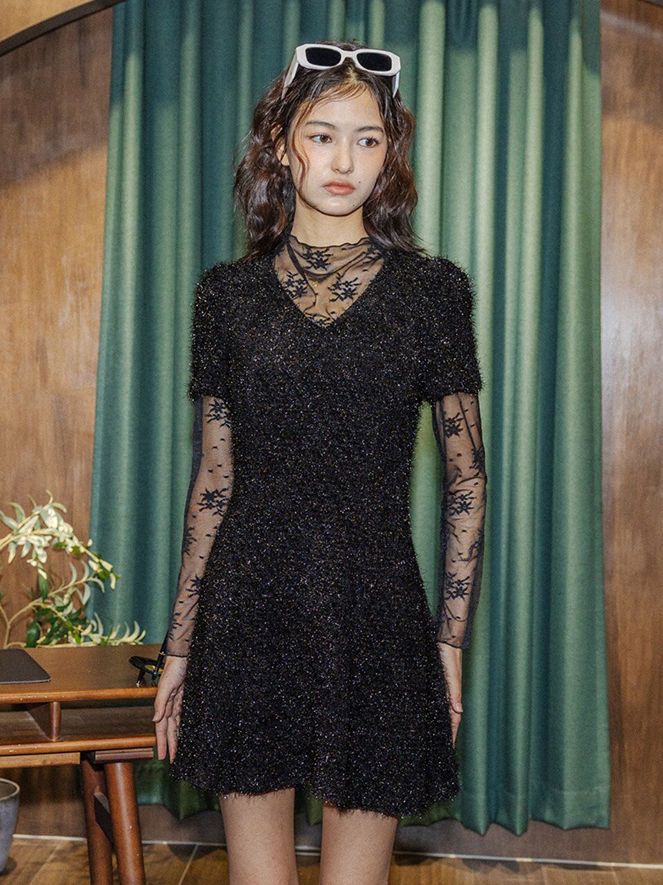 DD_Layered lace top and tweed dress set_BLACK