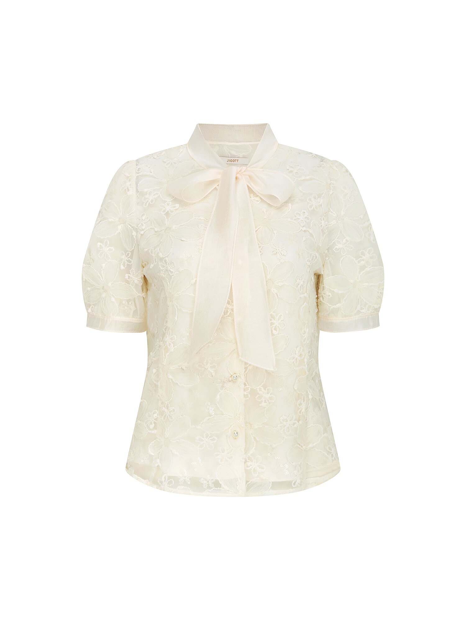 플라워 레이스 리본 타이 블라우스 (CREAM)