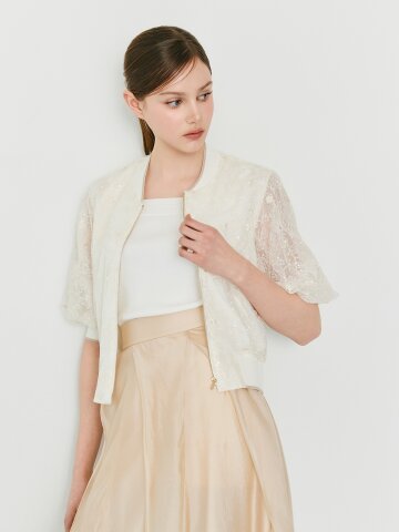 플라워 레이스 퍼프 블루종 점퍼 