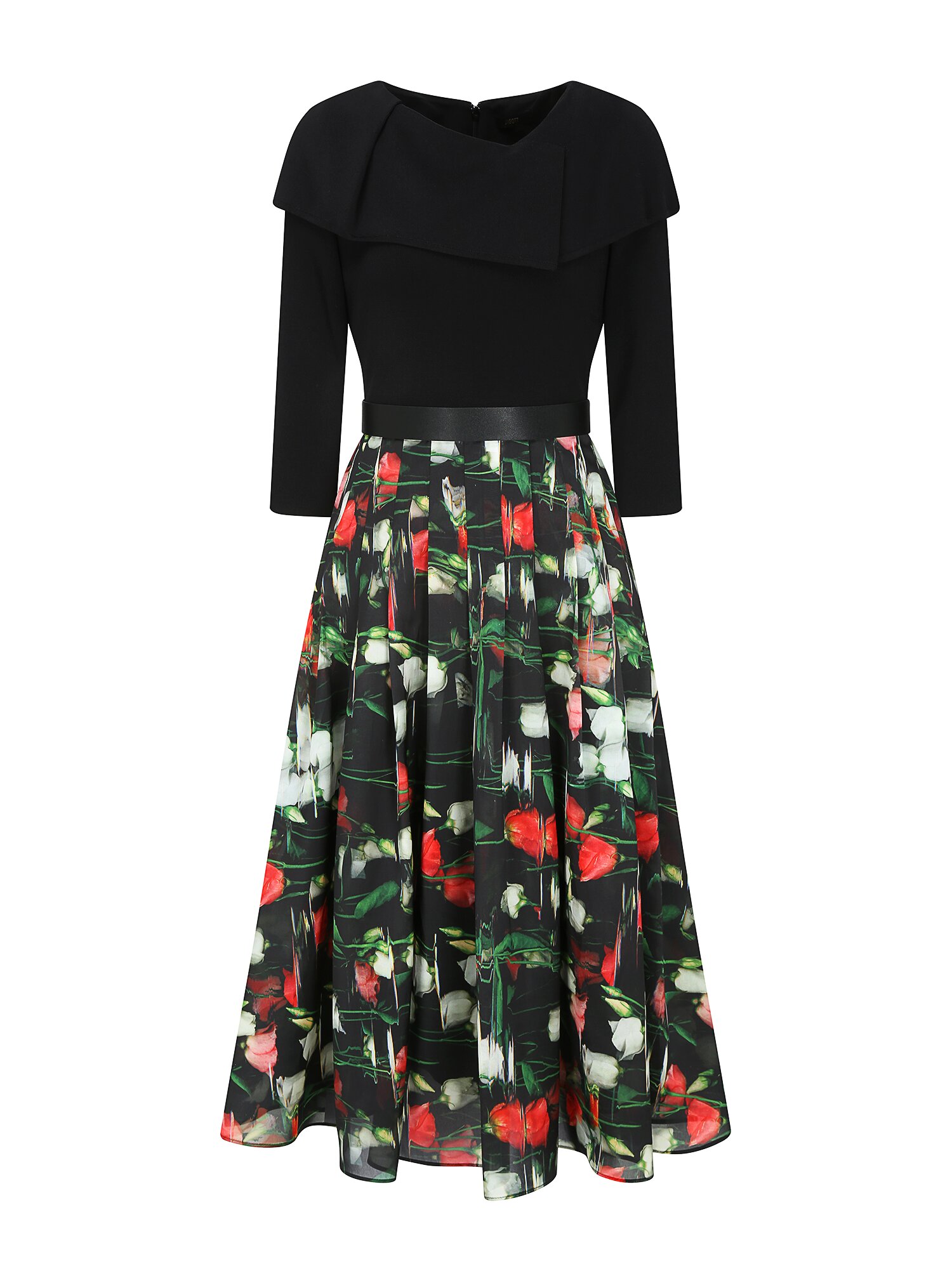 배색 케이프 칼라 니트 원피스 (PRINT BLACK)