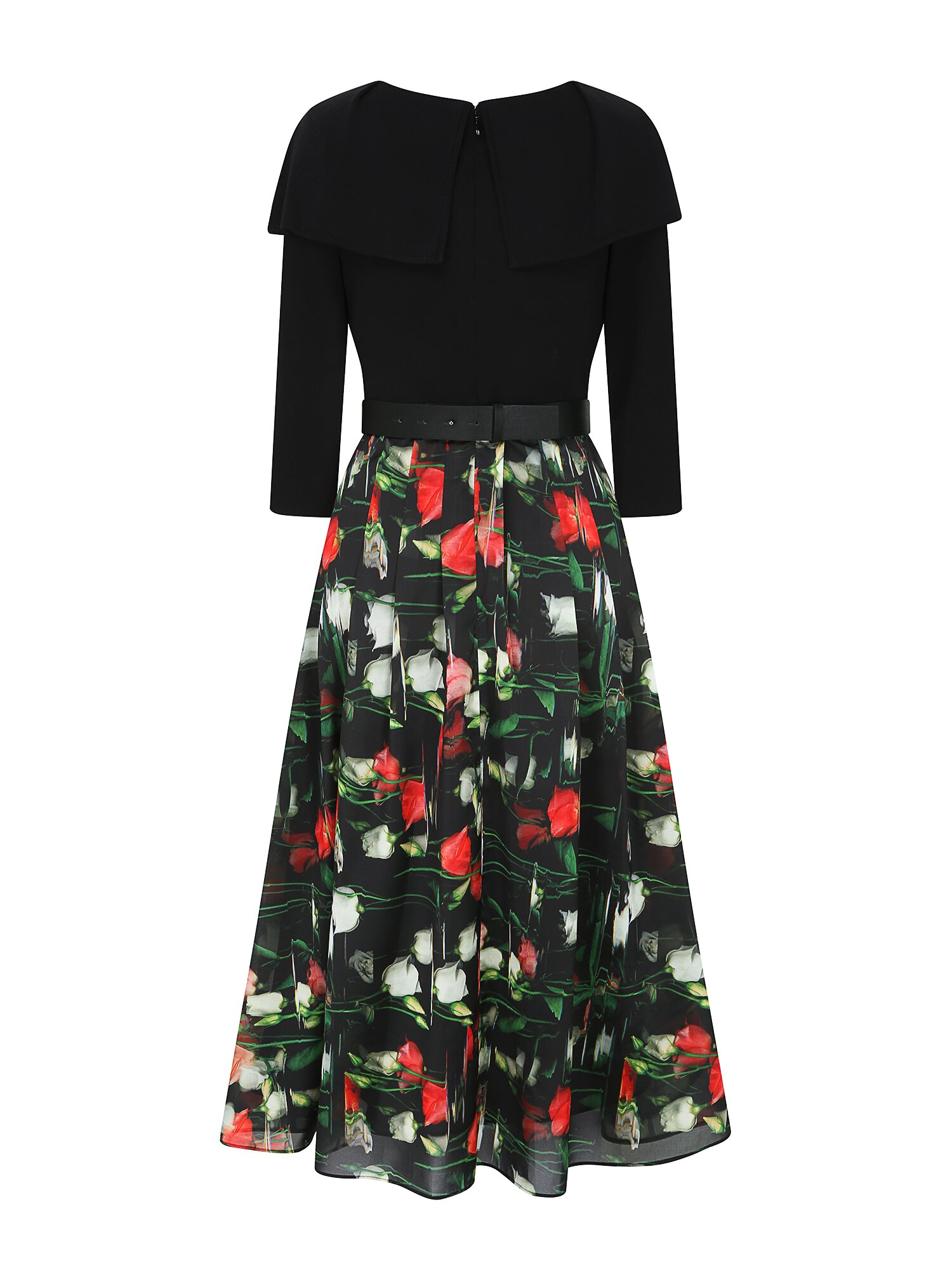 배색 케이프 칼라 니트 원피스 (PRINT BLACK)