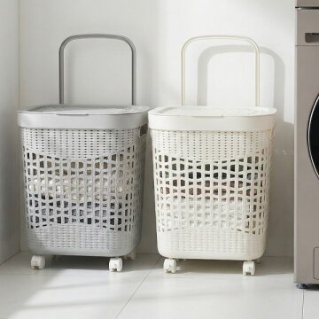 HICKIES 이동식 바퀴 손잡이가 있는 통풍 좋은 메쉬 뚜껑덮개 세탁 빨래바구니 45L