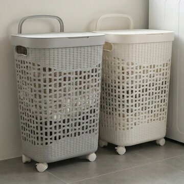 HICKIES 이동식 바퀴 손잡이가 있는 통풍 좋은 메쉬 뚜껑덮개 세탁 빨래바구니 65L