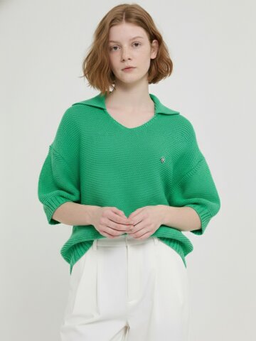 [26 NEW] 소프트 코튼 루즈 핏 반팔 간절기 니트 그린 아이보리