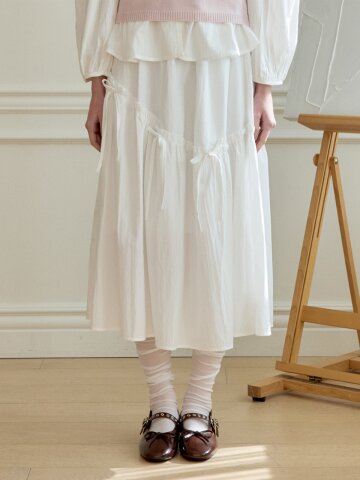 BREEZE RIBBON SHIRRING LONG SKIRT_WHITE