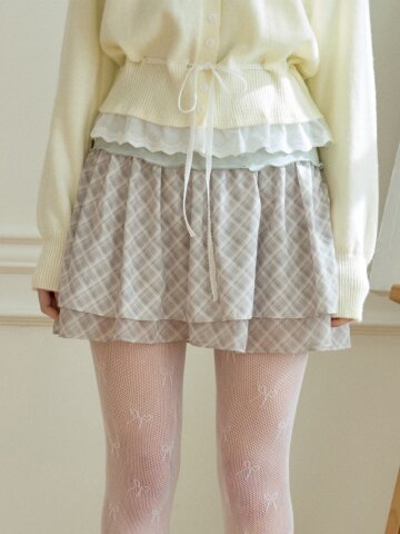 PICNIC CHECK TIERED SKIRT_BEIGE