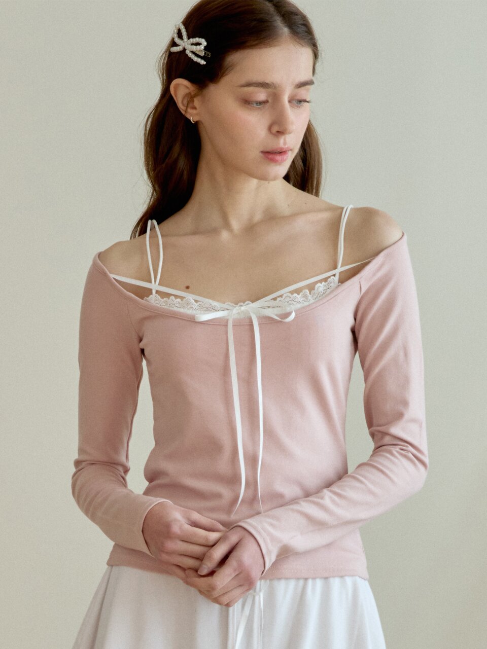 BALLET RIBBON LAYERED T-SHIRT_PINK