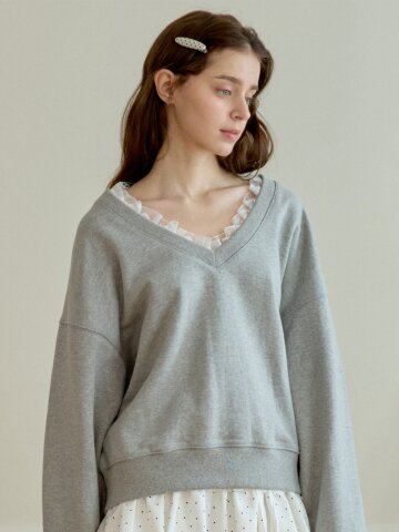 DEW LACE V-NECK SWEATSHIRT_MELANGE GREY