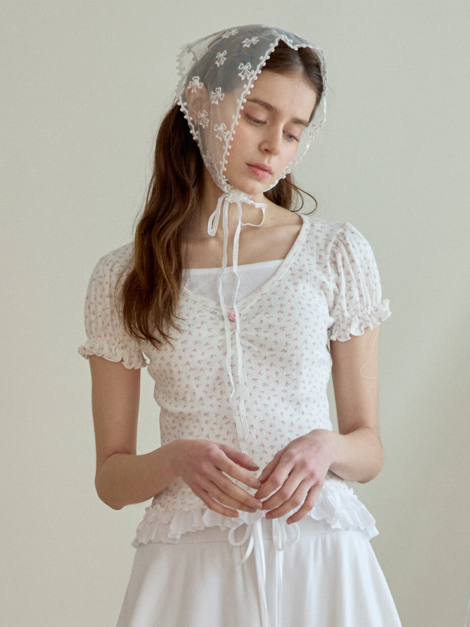FLOWER SHIRRING PUFF T-SHIRT_IVORY