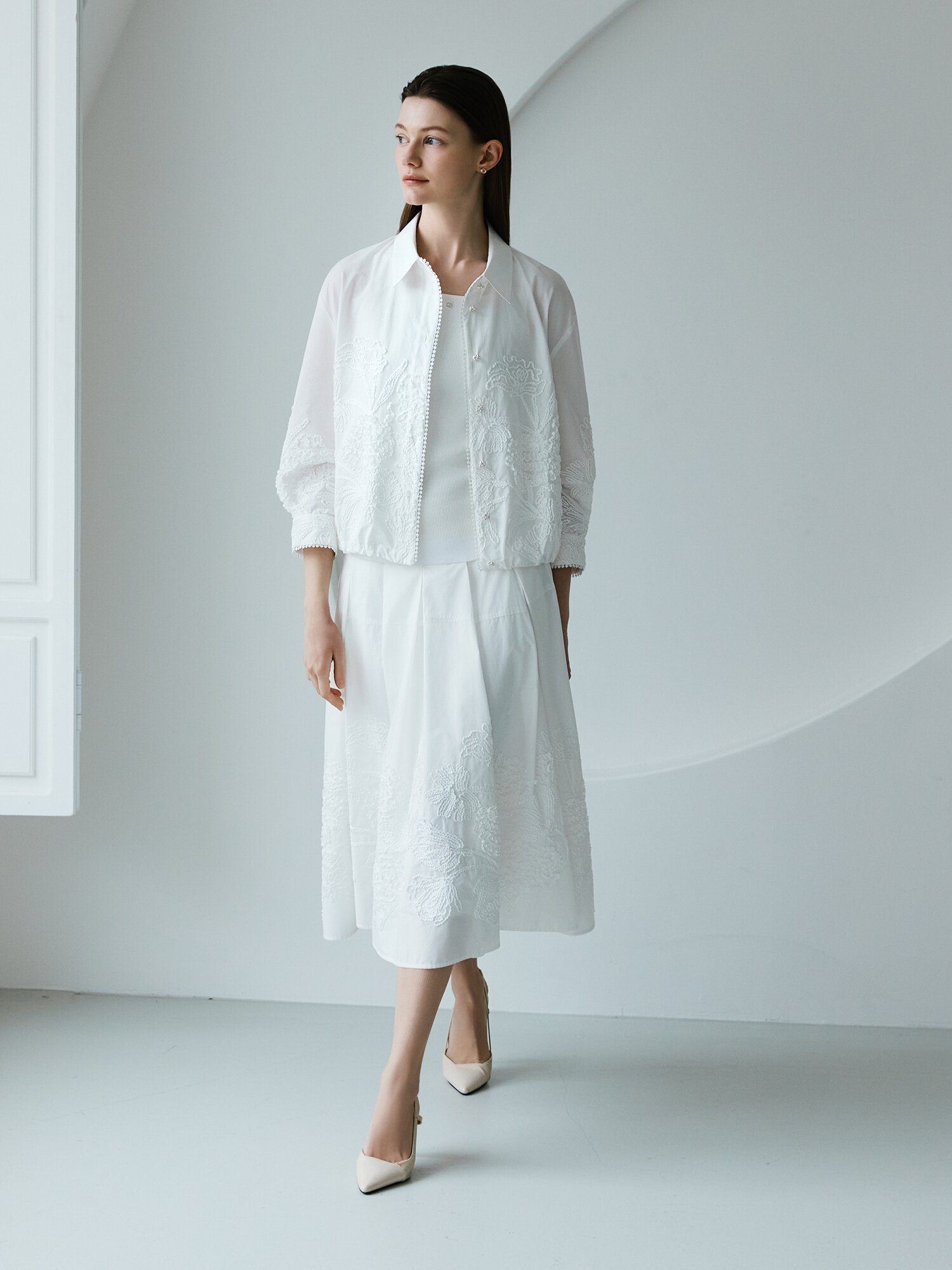 코튼 플라워 텍스쳐 플레어 스커트 (WHITE)