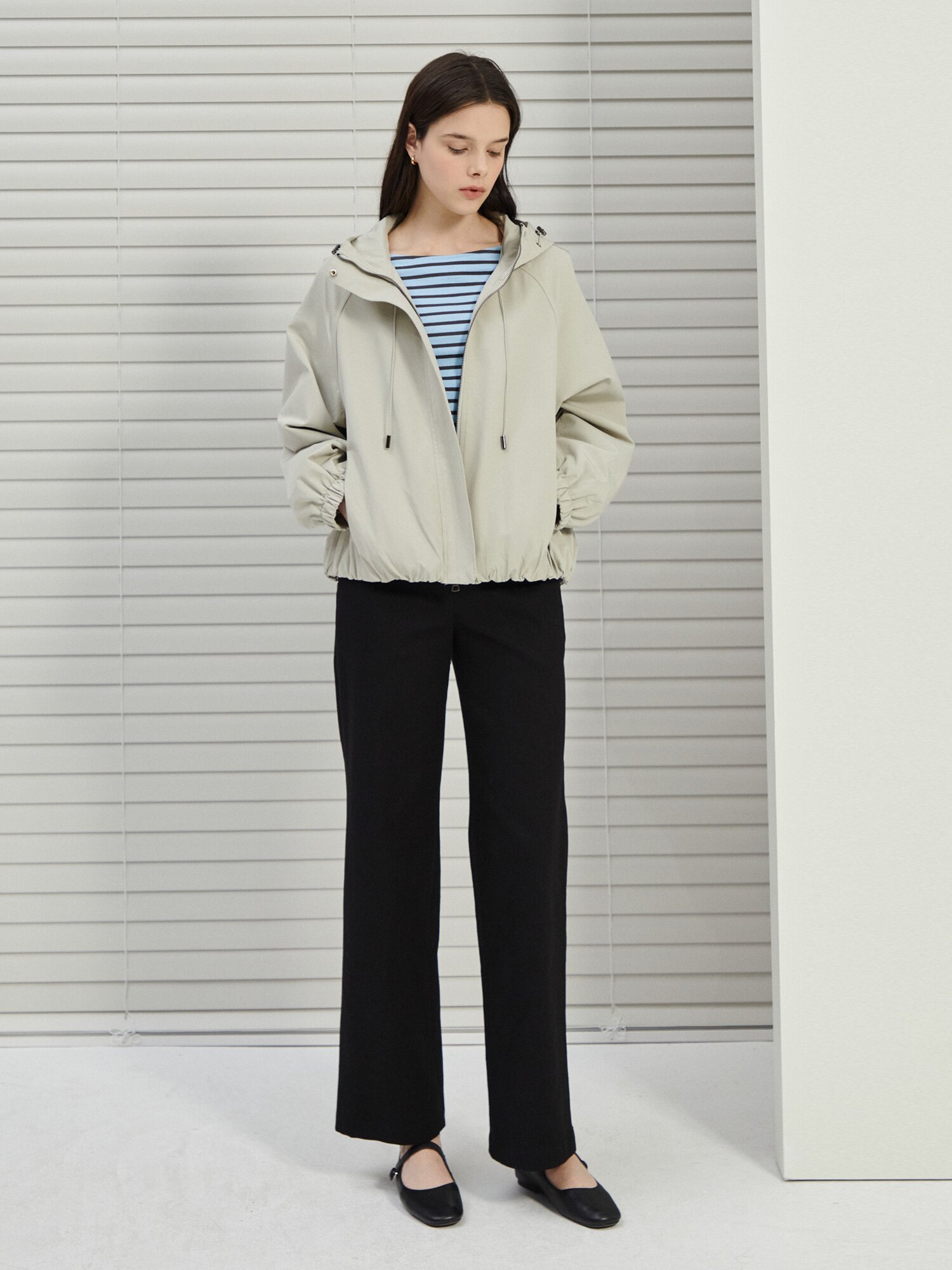 코튼 스트링 후드 집업 점퍼 (LIGHT BEIGE)