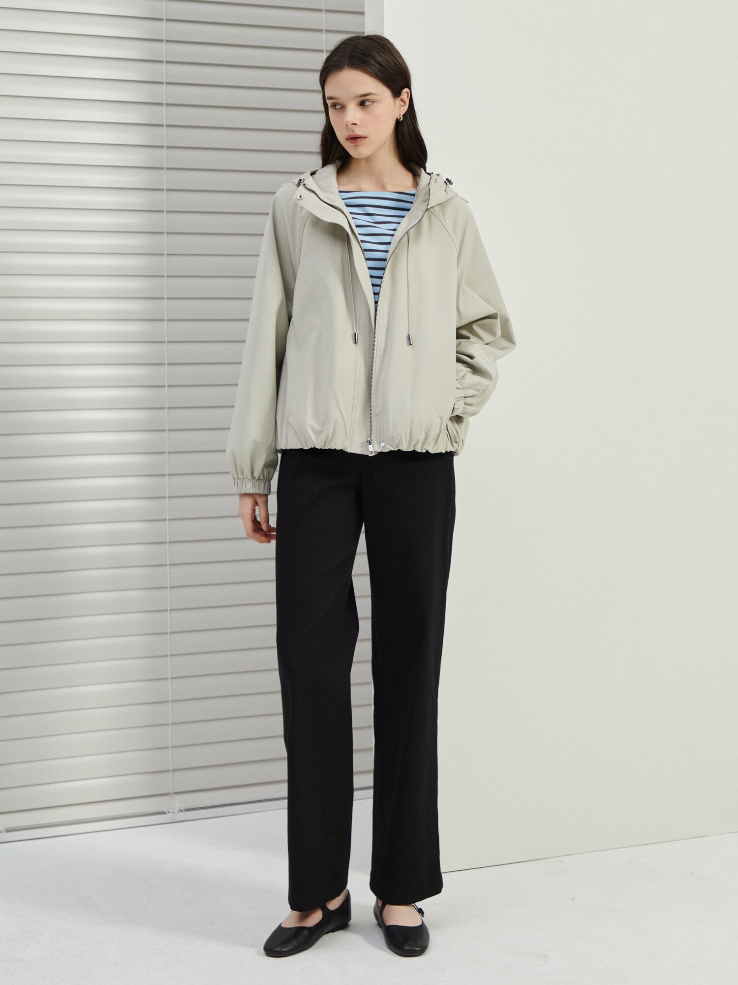 코튼 스트링 후드 집업 점퍼 (LIGHT BEIGE)