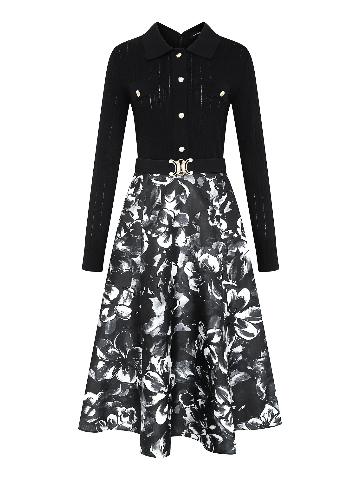 플로럴 배색 플레어 니트 원피스 (BLACK)