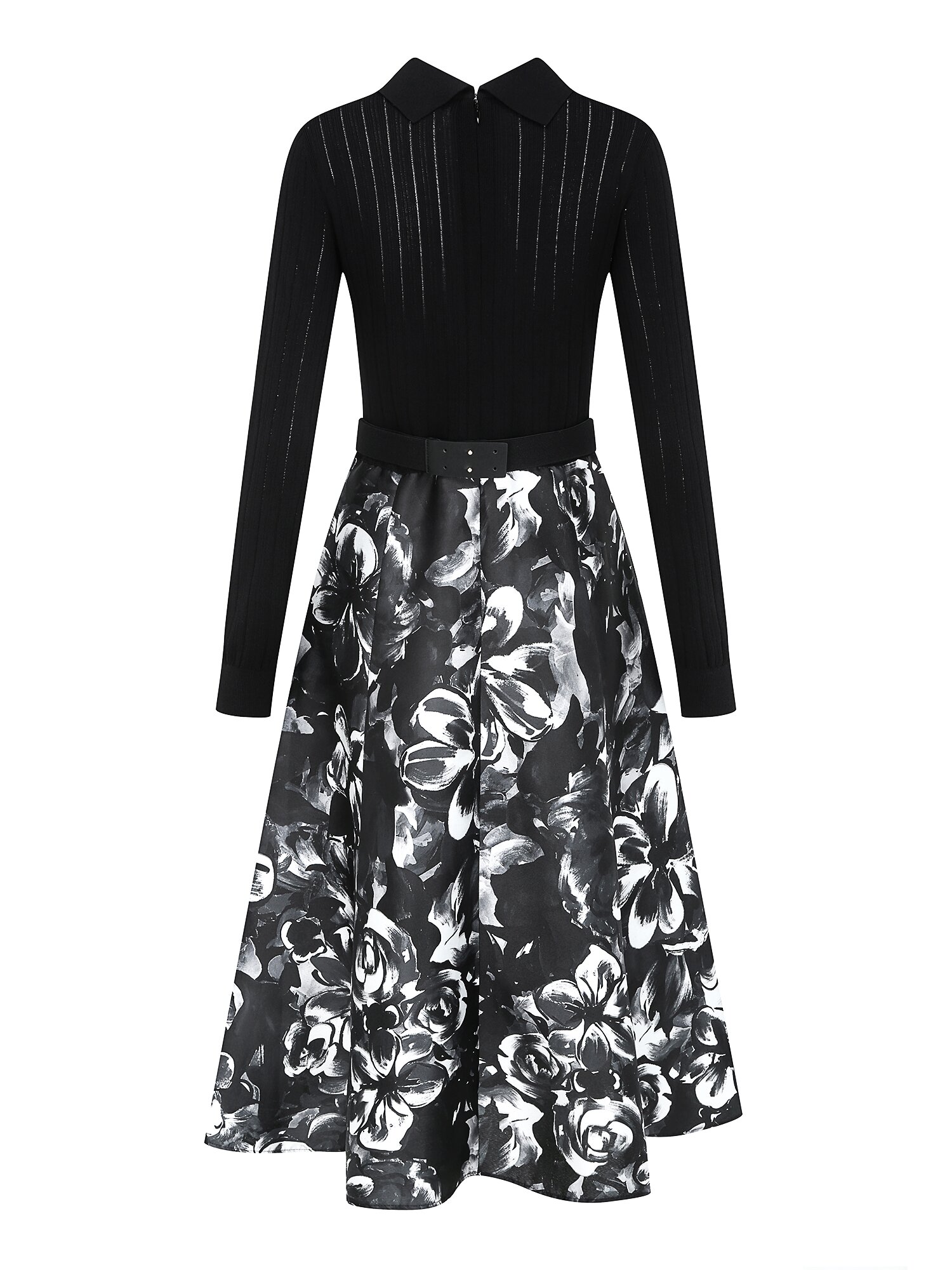 플로럴 배색 플레어 니트 원피스 (BLACK)