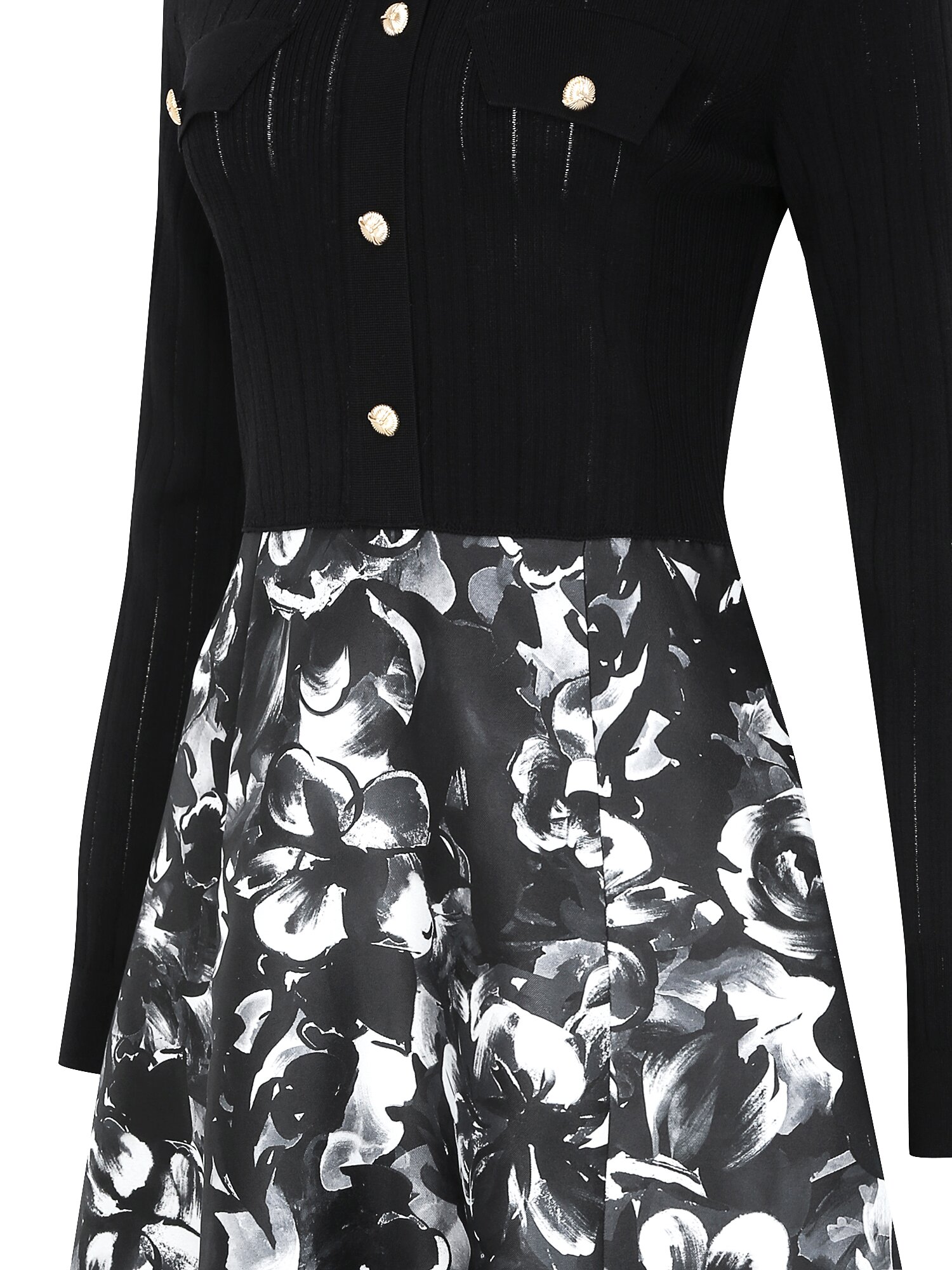 플로럴 배색 플레어 니트 원피스 (BLACK)