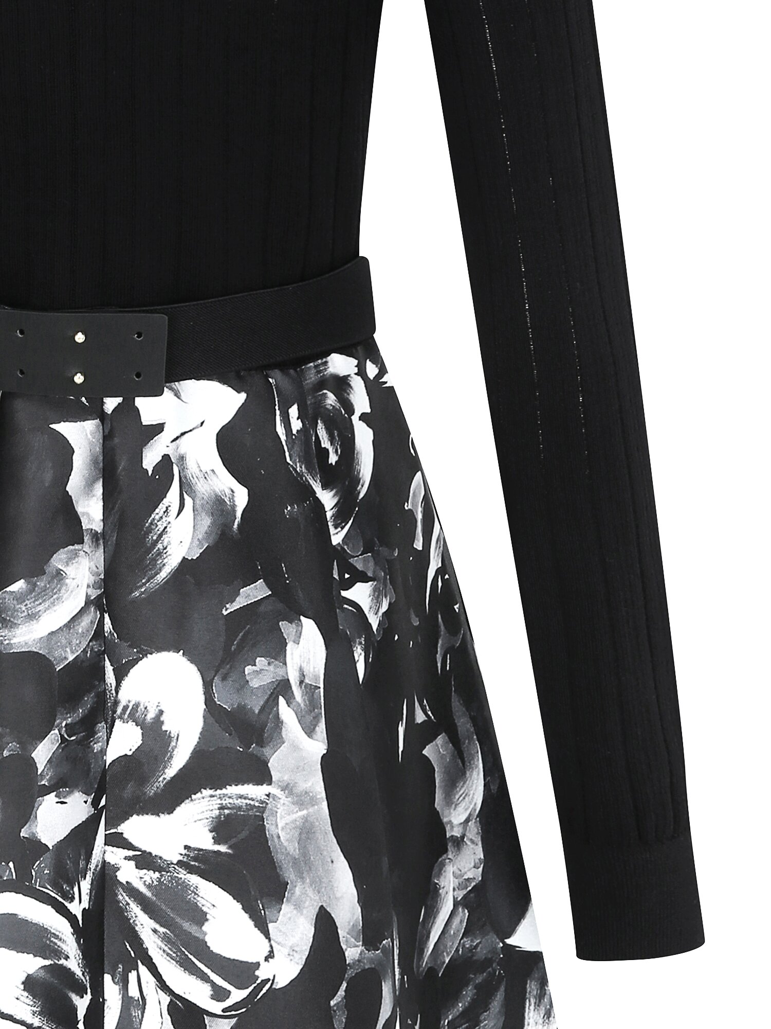 플로럴 배색 플레어 니트 원피스 (BLACK)