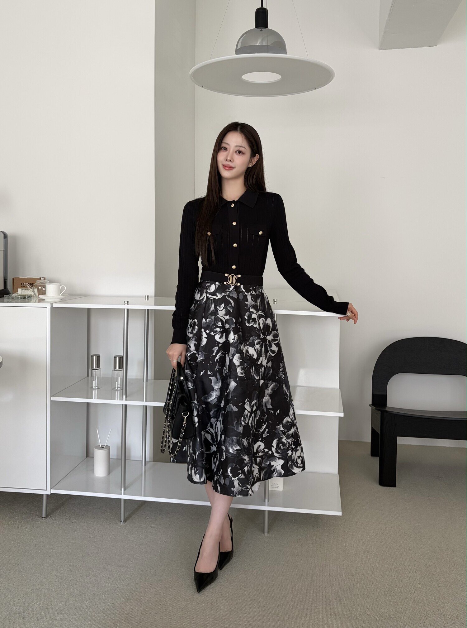 플로럴 배색 플레어 니트 원피스 (BLACK)