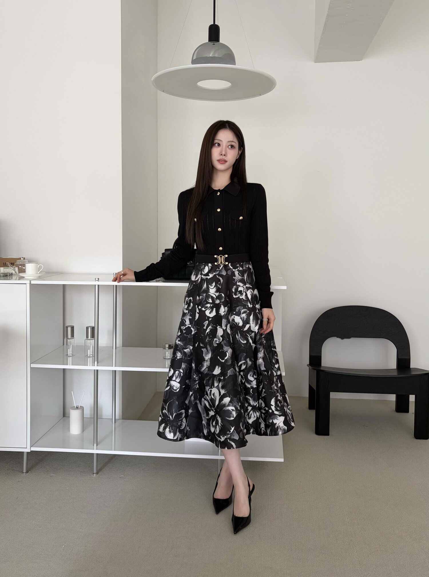 플로럴 배색 플레어 니트 원피스 (BLACK)