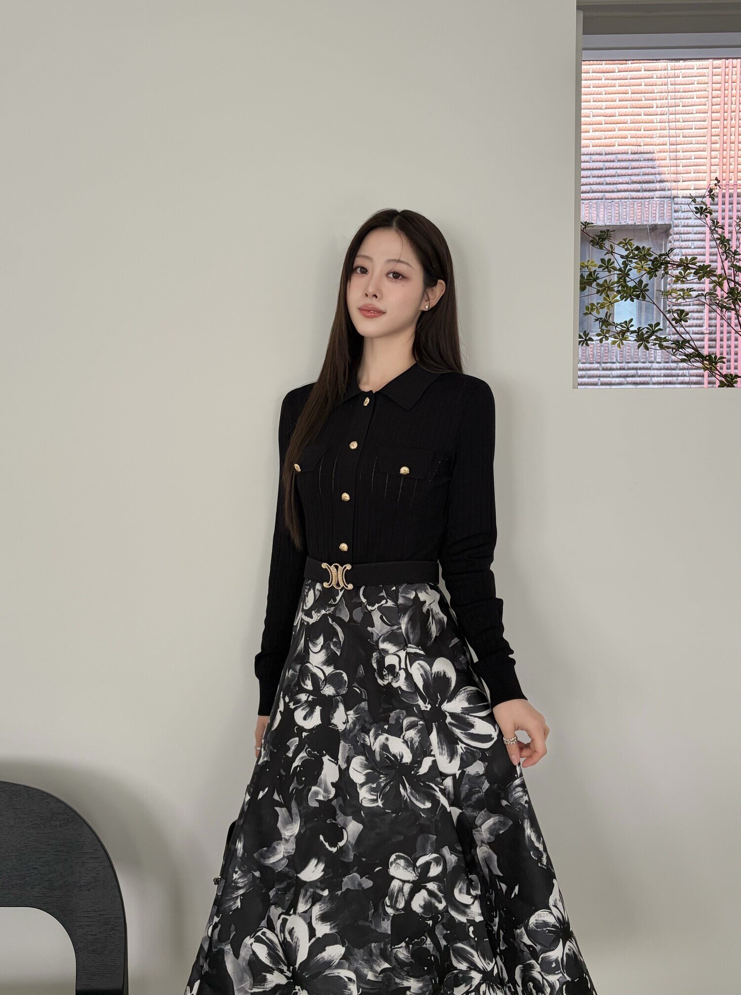 플로럴 배색 플레어 니트 원피스 (BLACK)