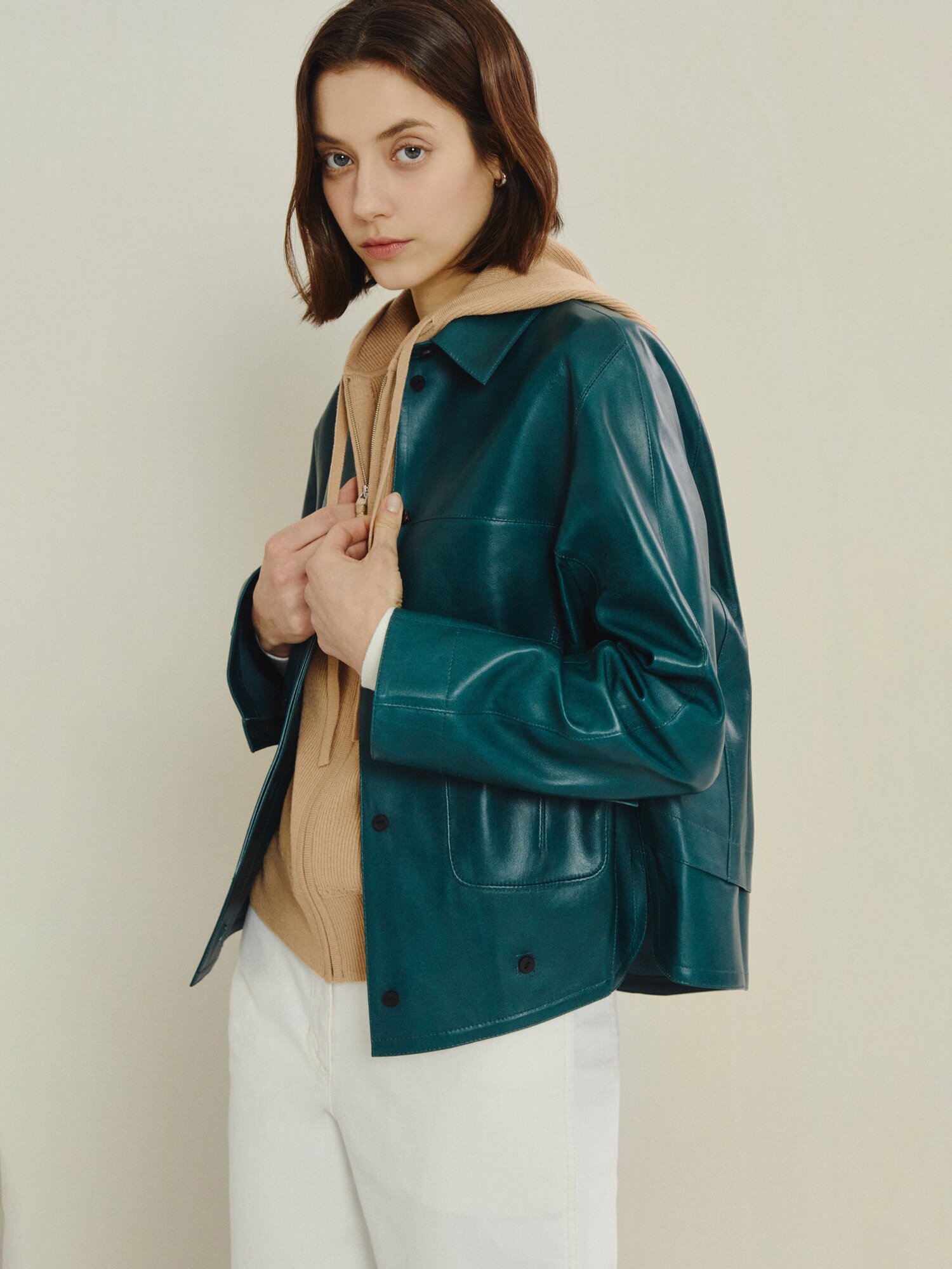 포스트 버튼 레더 재킷 (DARK GREEN)